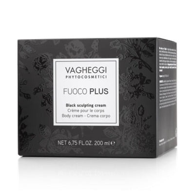 Fuoco Plus Black Sculpting Cream packaging, featuring floral design, 200ml body cream by Vagheggi.