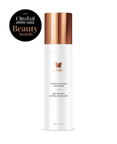 Vivier Ultra Foaming Cleanser bottle with 2023 Clin d'œil Experts' Choice Beauty Awards logo. Ideal for all skin types.