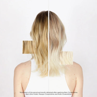 Illustration of hair color results after using Bain Ultra-Violet for blonde hair, showcasing neutralized tones.