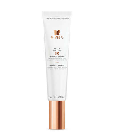 Vivier SHEER SPF 30 Mineral Tinted sunscreen tube, 60ml, providing broad-spectrum UV protection and skin benefits.