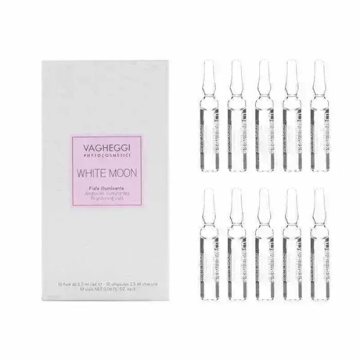 White Moon Brightening Vials by Vagheggi, featuring 10 clear ampoules for radiant skin and pigmentation correction.