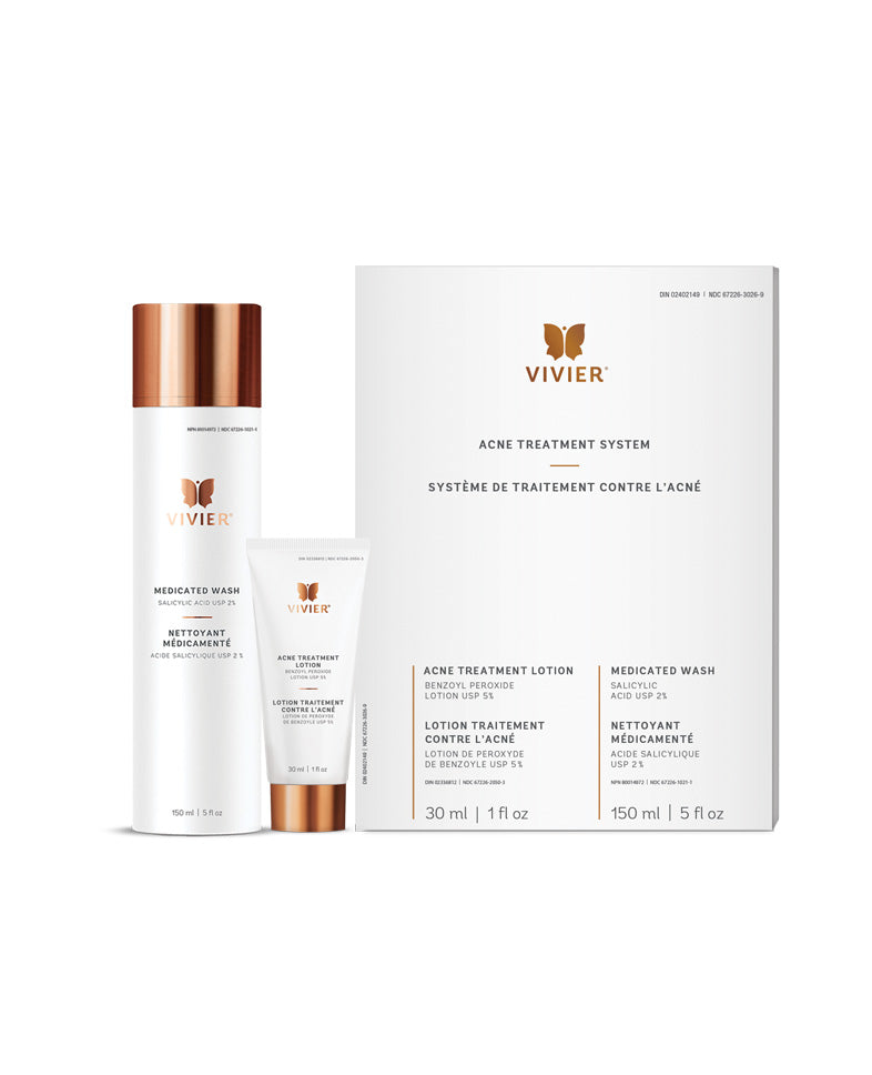 Vivier Acne Treatment System with Medicated Wash and Acne Treatment Lotion for effective acne prevention and clear skin.