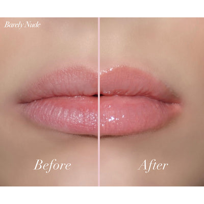 Comparison of lips showing before and after applying Girlactik Jello Gloss Balm in Barely Nude, highlighting glossy finish.