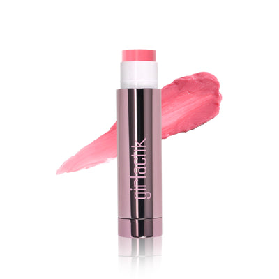 Girlactik Jello Gloss Balm in sleek packaging with pink gloss swatch, nourishing formula for shiny, non-sticky lips.