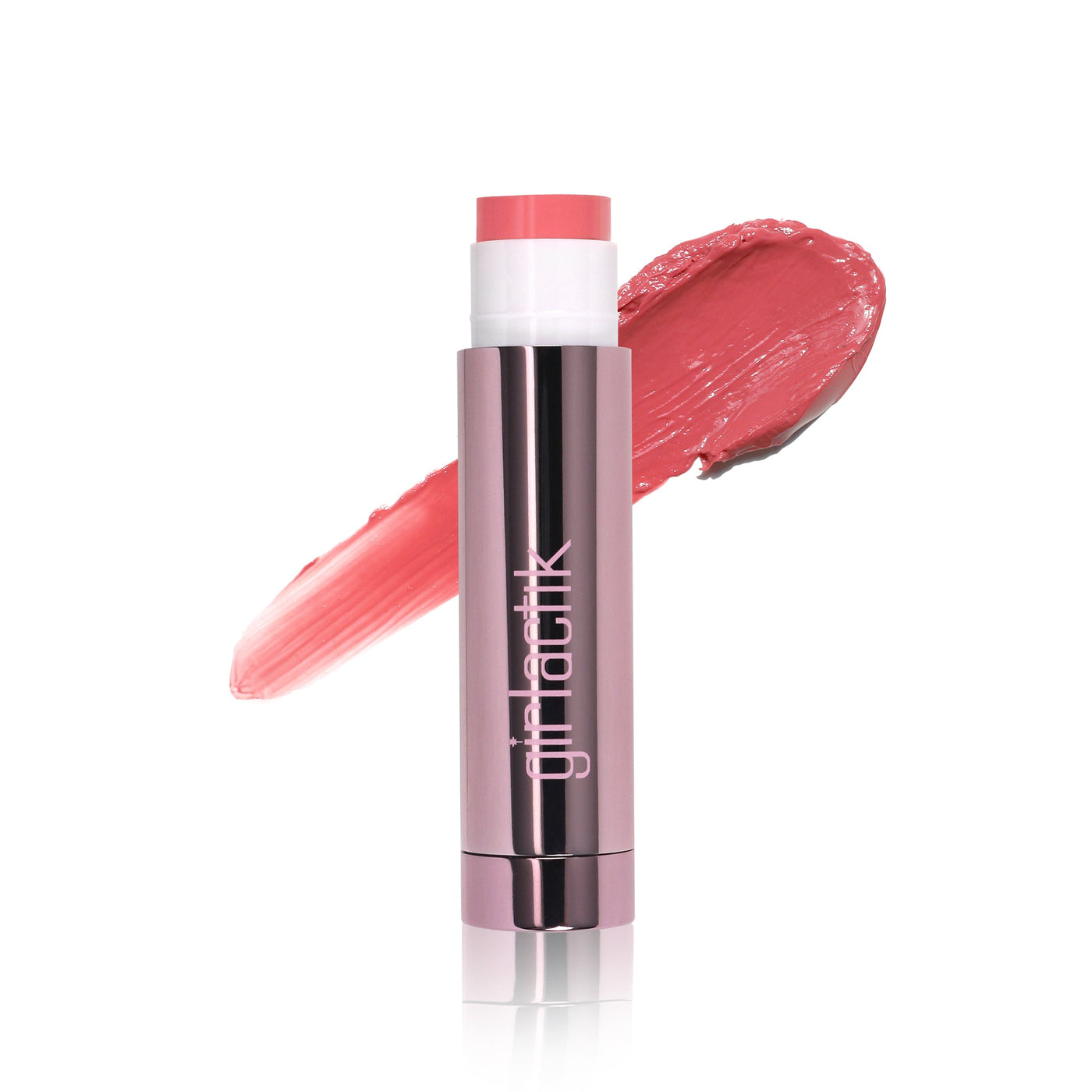 Girlactik Jello Gloss Balm tube with pink shade swatch, showcasing glossy finish and nourishing ingredients.