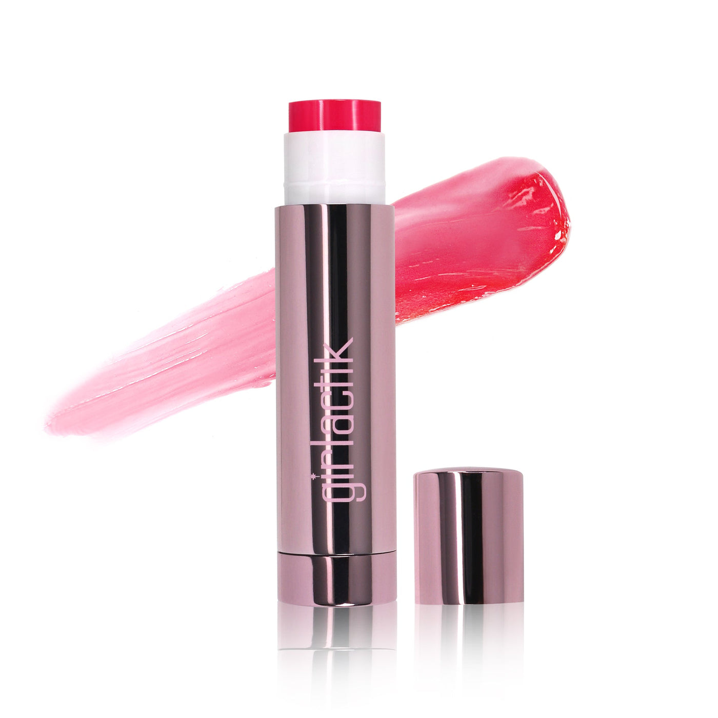 Girlactik Jello Gloss Balm showcasing smooth pink gloss application and sleek packaging on a white background.