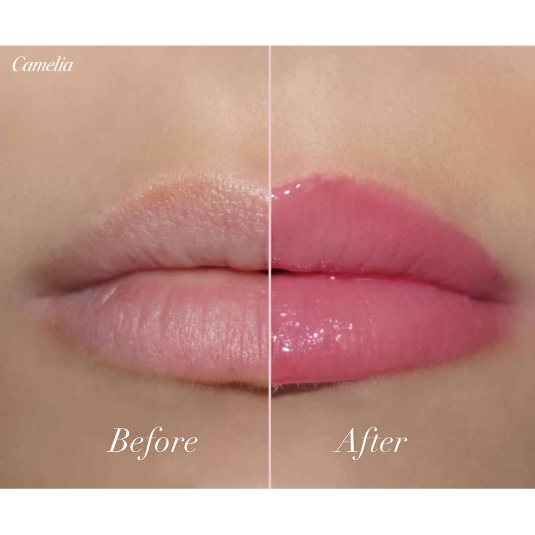 Before and after application of Girlactik Jello Gloss Balm showing glossy, nourished lips in pink shade.