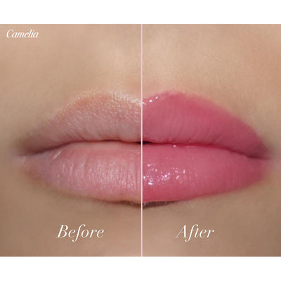 Before and after application of Girlactik Jello Gloss Balm showing glossy, nourished lips in pink shade.