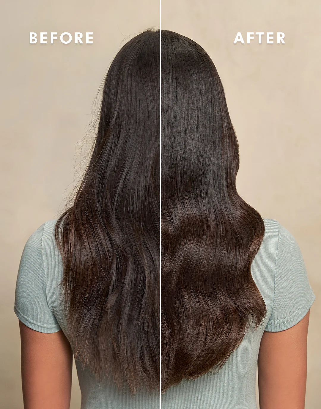 Before and after comparison of hair using High Shine Gloss Color Depositing Mask, showcasing silky smooth results.