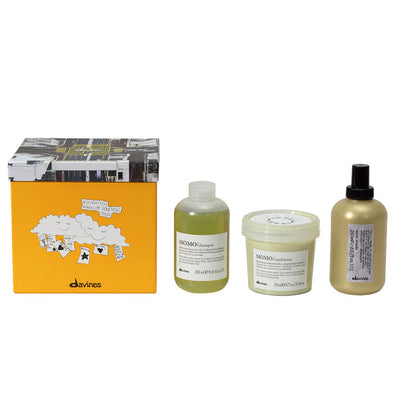 Davines Momo More Inside Gift Set featuring shampoo, conditioner, and blow dry primer for hydrating dry hair.