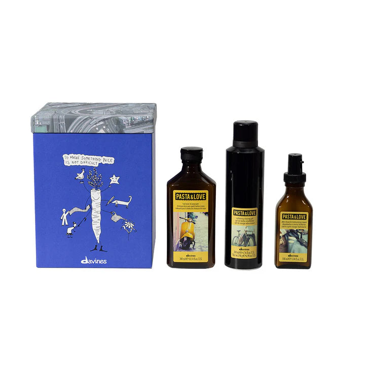 Davines Pasta Love Gift Set with Hair & Body Wash, Shaving Gel, and After Shave cream in a colorful gift box.