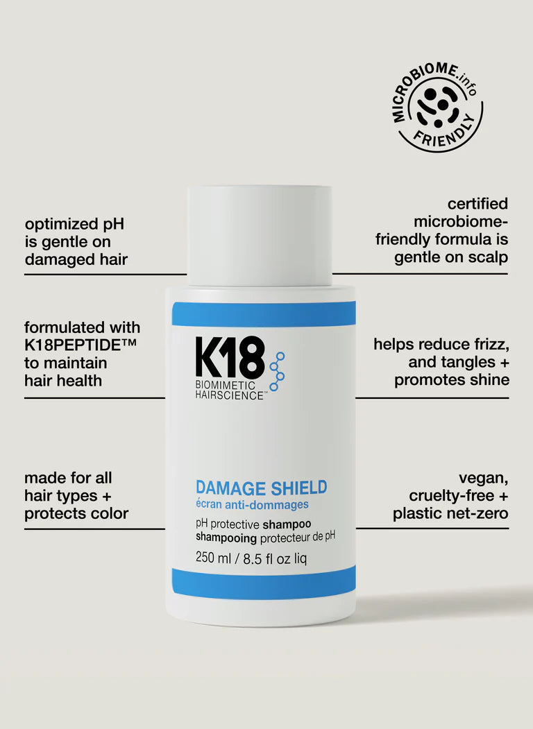 K18 DAMAGE SHIELD pH Protective Shampoo bottle with benefits listed, optimized for hair health and color protection.