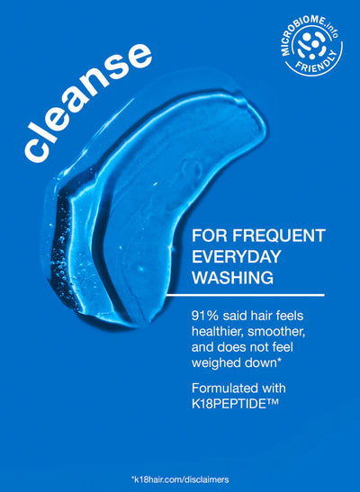 Cleanse image highlighting K18PEPTIDE™ for everyday washing, showing benefits for healthier, smoother hair.