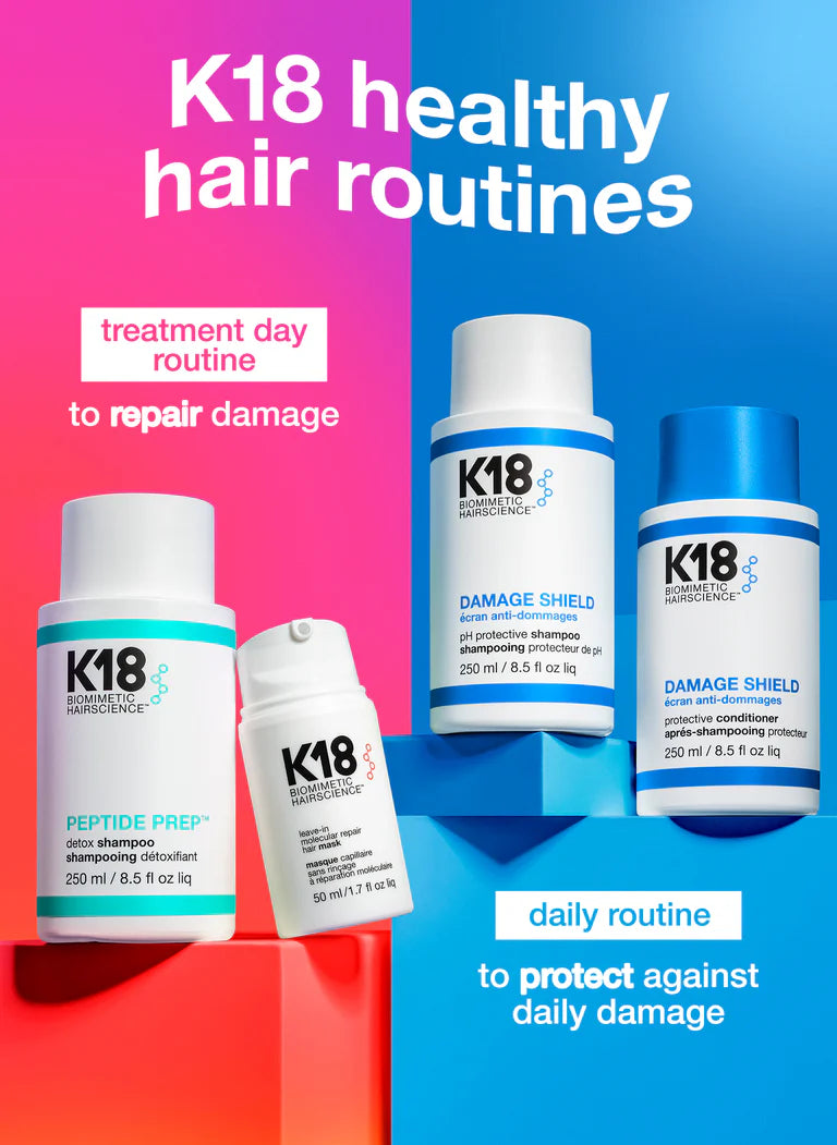 K18 healthy hair care products featuring DAMAGE SHIELD shampoo and PEPTIDE PREP for daily and treatment routines.