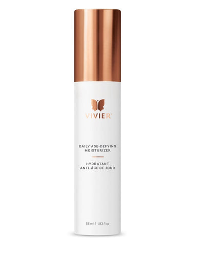 Vivier Daily Age-Defying Moisturizer bottle, lightweight cream for glowing, hydrated skin, suitable for all skin types.