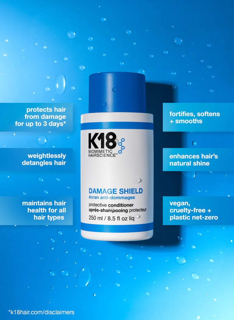 K18 DAMAGE SHIELD Protective Conditioner bottle, nourishing formula for hair protection and shine, vegan and cruelty-free.