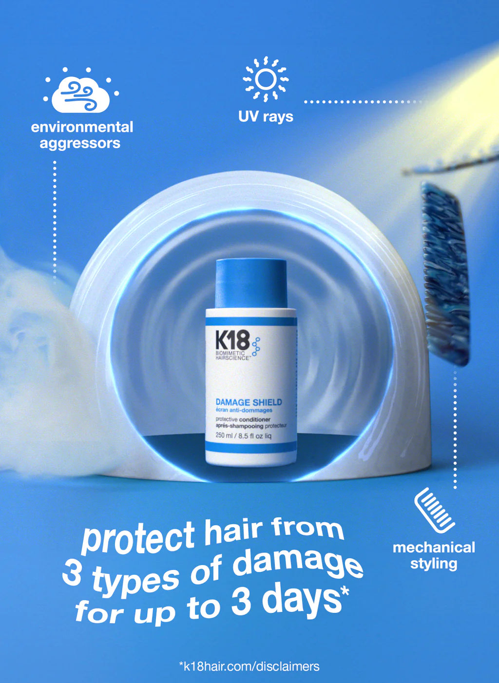 Damage Shield conditioner protects hair from UV rays, environmental aggressors, and mechanical styling for up to 3 days.