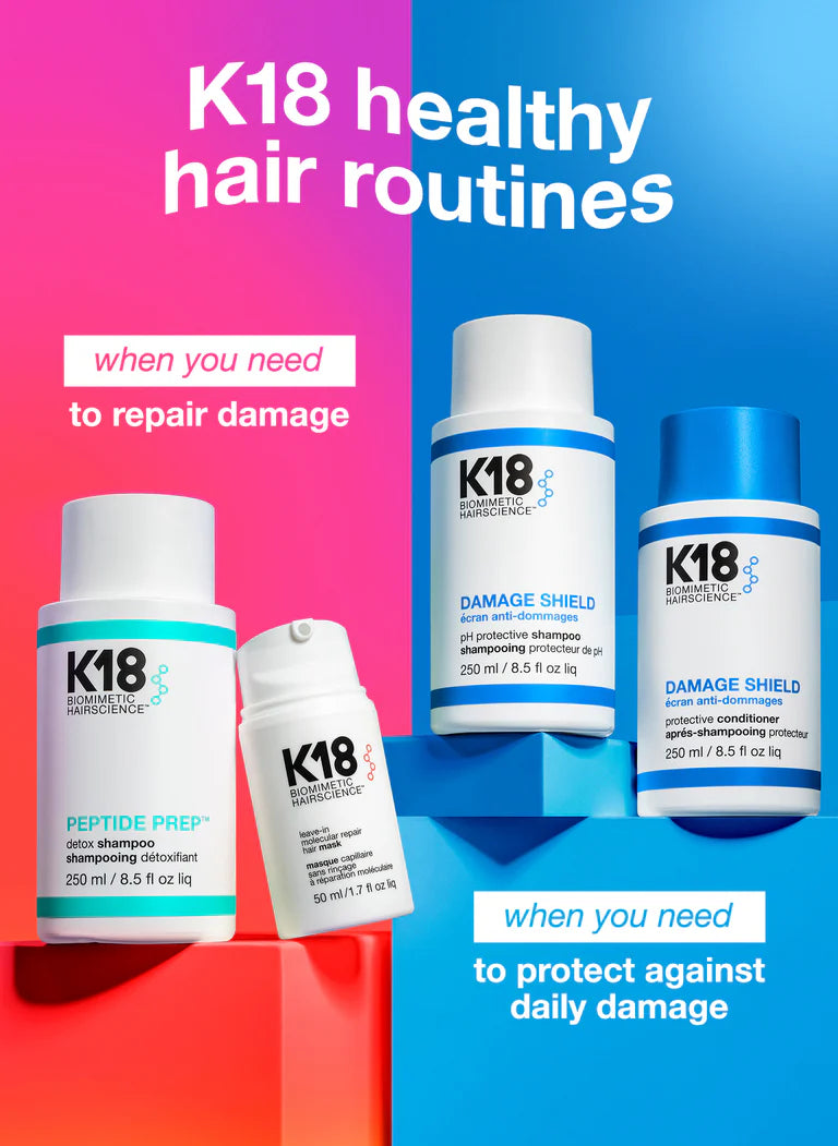 K18 healthy hair routines featuring Damage Shield and Peptide Prep products for repairing and protecting hair.