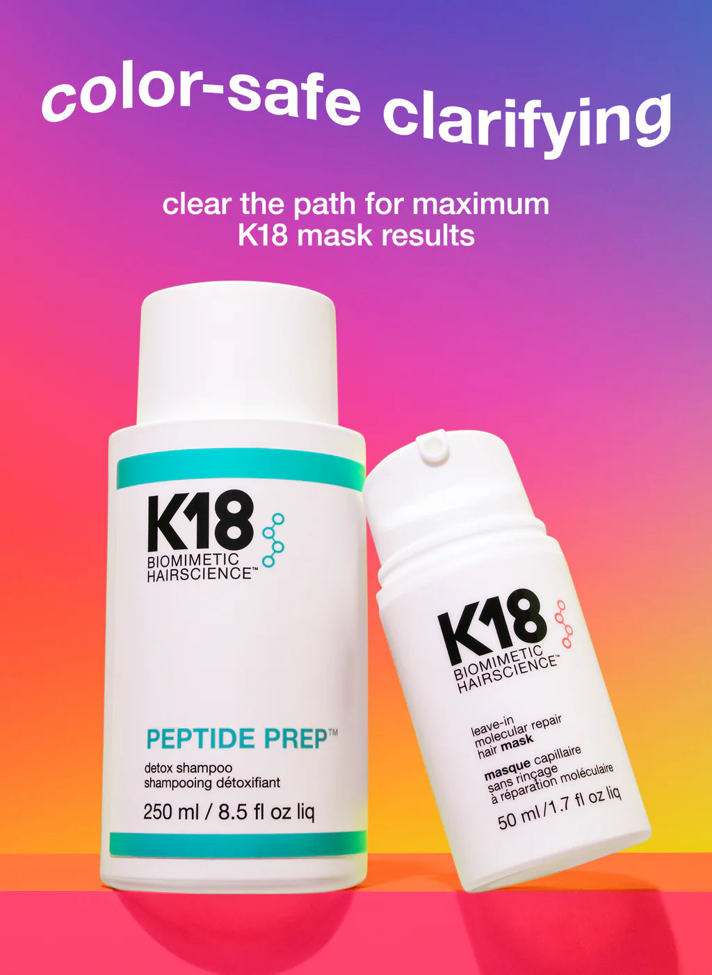 K18 PEPTIDE PREP detox shampoo and hair mask on colorful background for clarifying hair care.