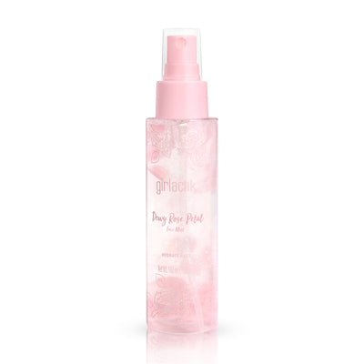 Rose Petal Dewy Face Mist in a clear bottle with pink accents, perfect for hydration and setting makeup.