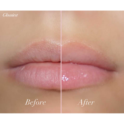 Before and after image showing glossy lips enhanced by Girlactik Jello Gloss Balm with a smooth, non-sticky finish.