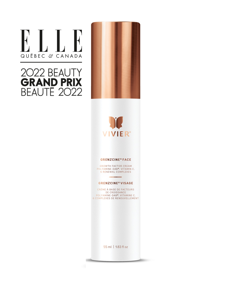 Vivier GrenzCine Face, award-winning growth factor cream for hydration and anti-aging, 55 ml packaging with Elle award logo.