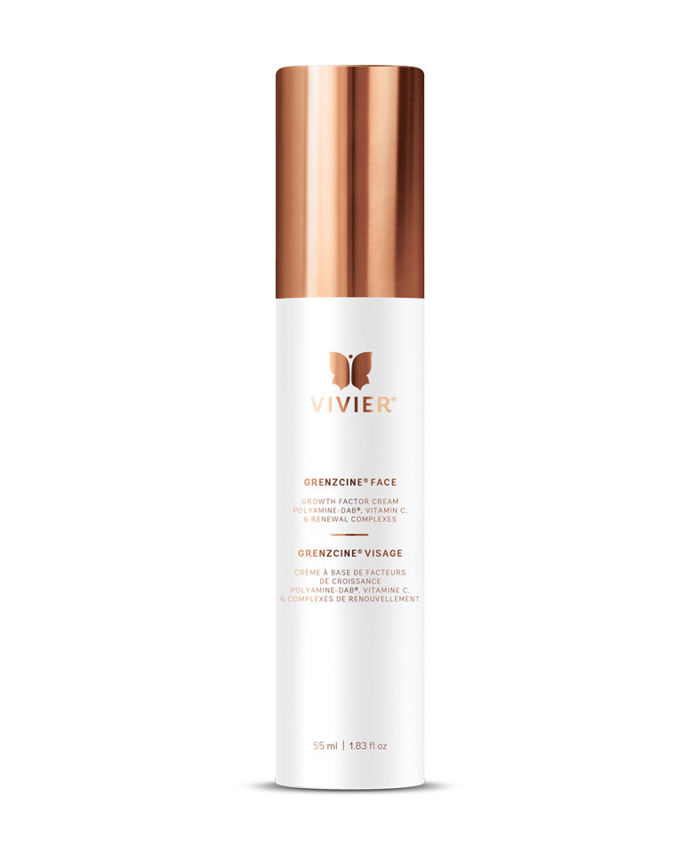 Vivier GrenzCine Face growth factor cream in elegant packaging, designed to combat aging and boost skin hydration.