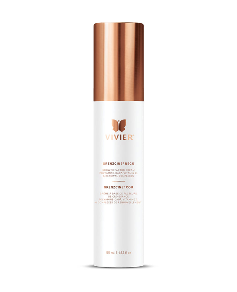 Vivier GrenzCine Neck cream in a sleek white and copper container, designed to firm and hydrate aging neck skin.