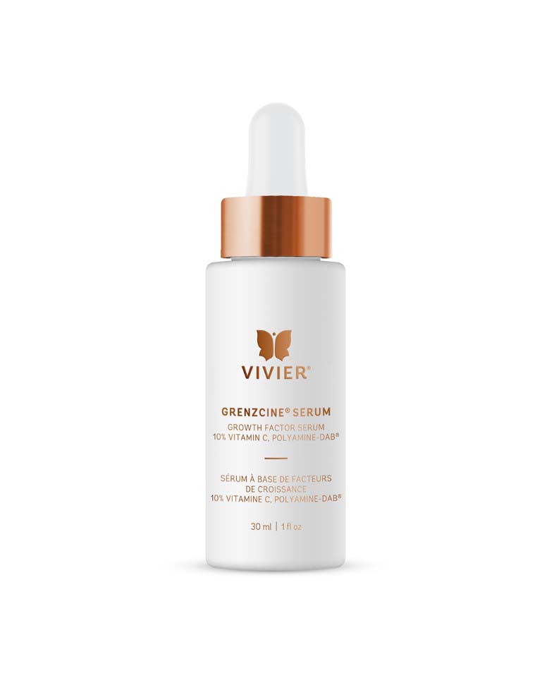 Vivier GrenzCine Serum bottle showcasing growth factor formula for anti-aging, enriched with 10% Vitamin C.