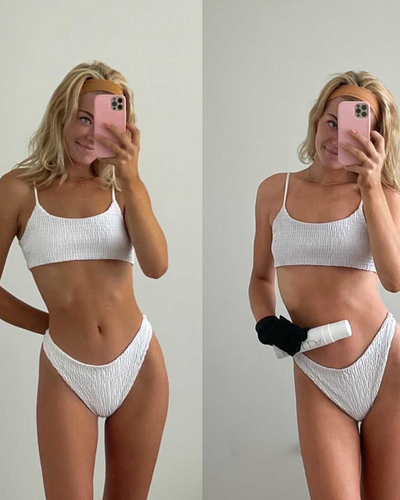 Side-by-side image of a woman in a white bikini, one side showing a natural tan and the other using a tan remover product.