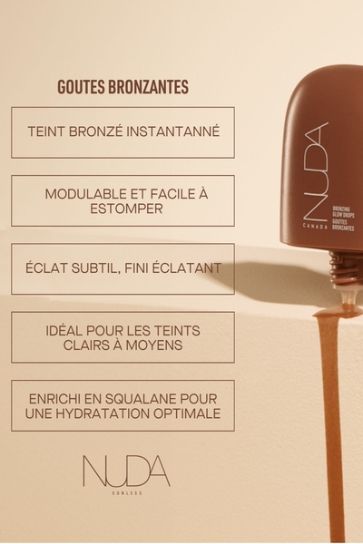 Nuda Bronzing Glow Drops bottle with features about instant bronzing and hydration benefits displayed.