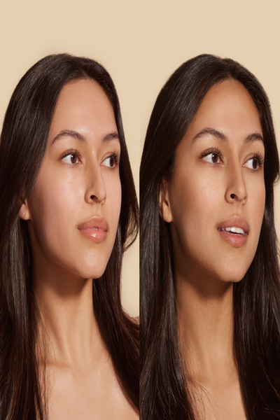 Before and after comparison of radiant skin using Nuda's Bronzing Glow Drops for a sun-kissed look.