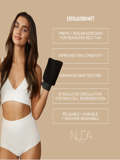 Exfoliating mitt showcased by a model, highlighting benefits for achieving a seamless self-tan and enhancing skin texture.