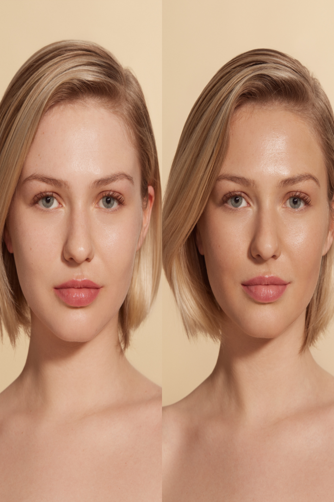 Before and after comparison of a woman showcasing the effects of self-tanning on her skin tone.