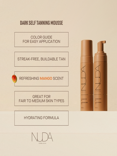 Dark self tanning mousse with color guide, hydrating formula, and refreshing mango scent for even, streak-free tan.