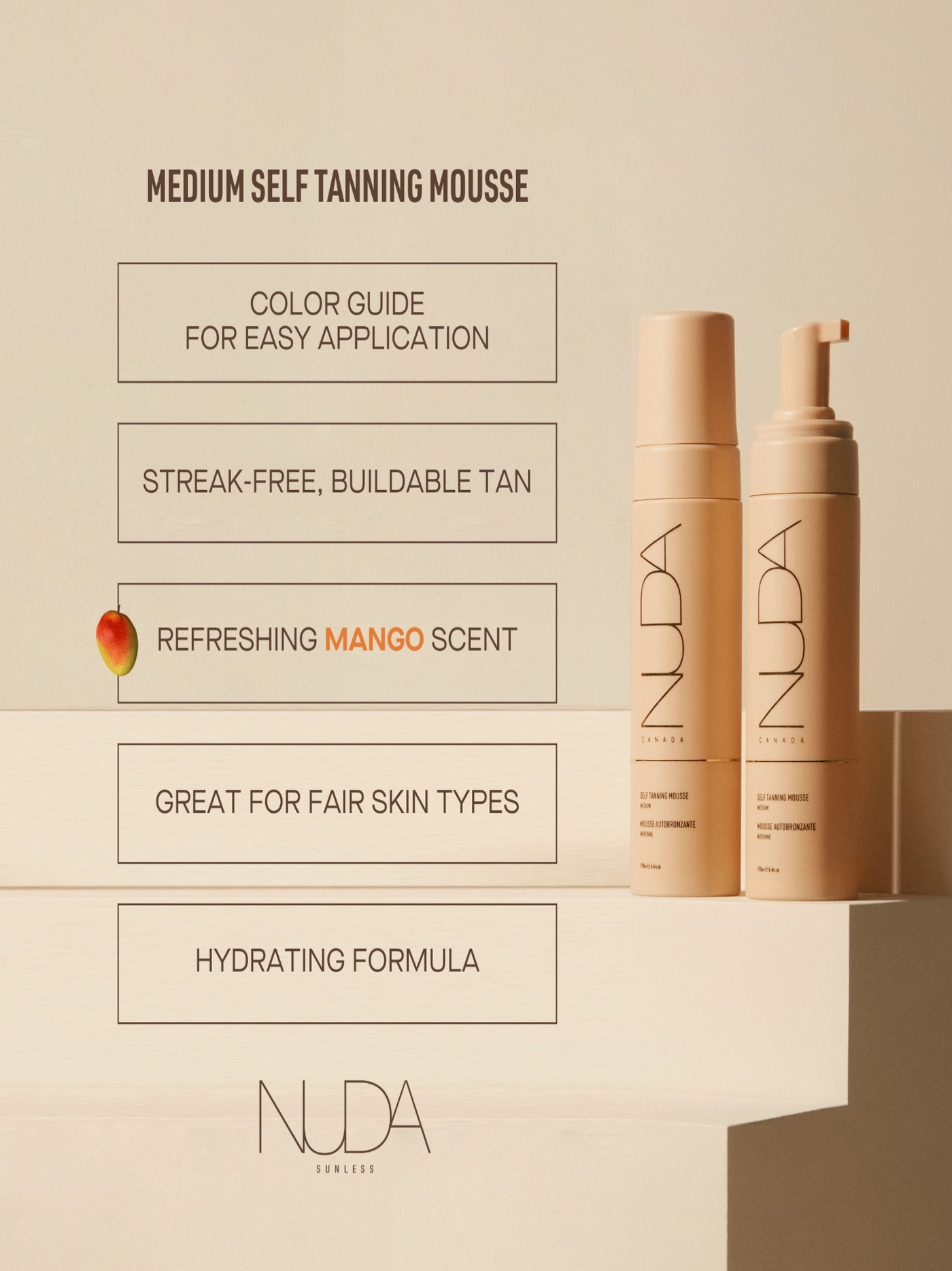 Medium self tanning mousse with color guide, streak-free application, refreshing mango scent, great for fair skin types, hydrating formula.