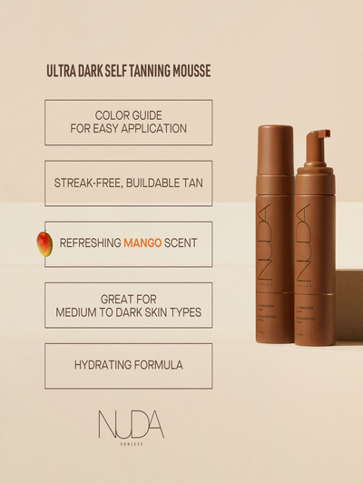 Ultra Dark Self Tanning Mousse with color guide, refreshing mango scent, and hydrating formula for a streak-free tan.