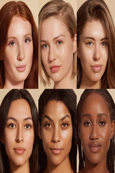 Diverse group of six models showcasing radiant, glowing skin with no makeup, highlighting natural beauty and skincare.