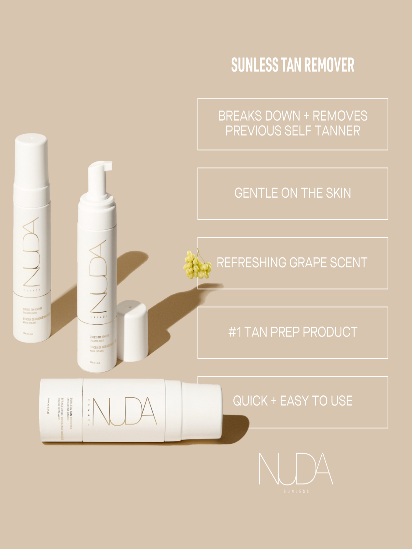 Sunless Tan Remover by NUDA, featuring tan eraser bottles with benefits and a refreshing grape scent, gentle on the skin.