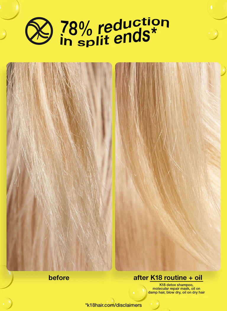 Before and after comparison showing 78% reduction in split ends with K18 routine and molecular repair hair oil.