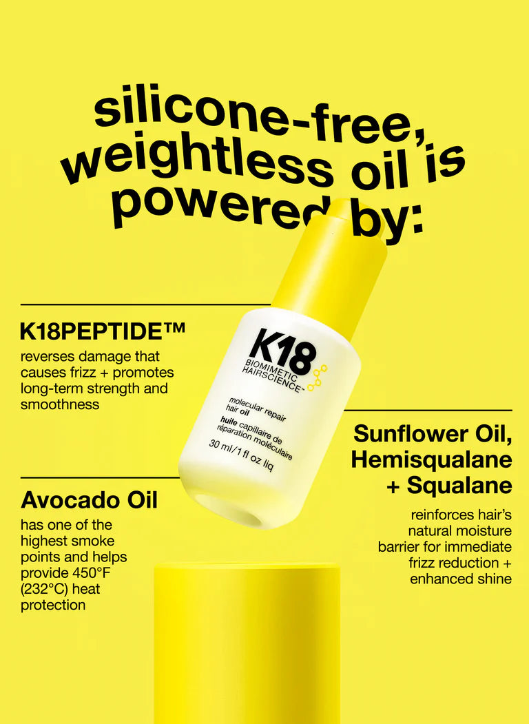 K18 Molecular Repair Hair Oil with K18PEPTIDE, avocado oil, sunflower oil, and squalane for frizz control and shine.