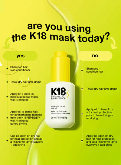 K18 molecular repair hair oil with usage instructions on a vibrant green background.