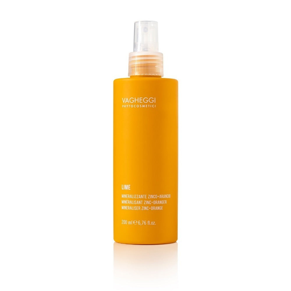 Lime Mineraliser Zinc+orange micellar lotion in a spray bottle for cleansing and hydrating all skin types.