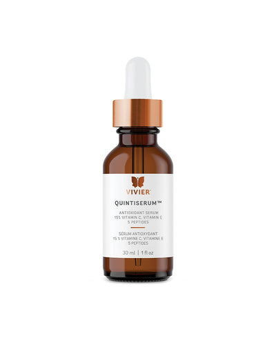 Vivier QuintiSerum™ antioxidant serum in brown glass bottle with dropper, enriched with Vitamin C and peptides.