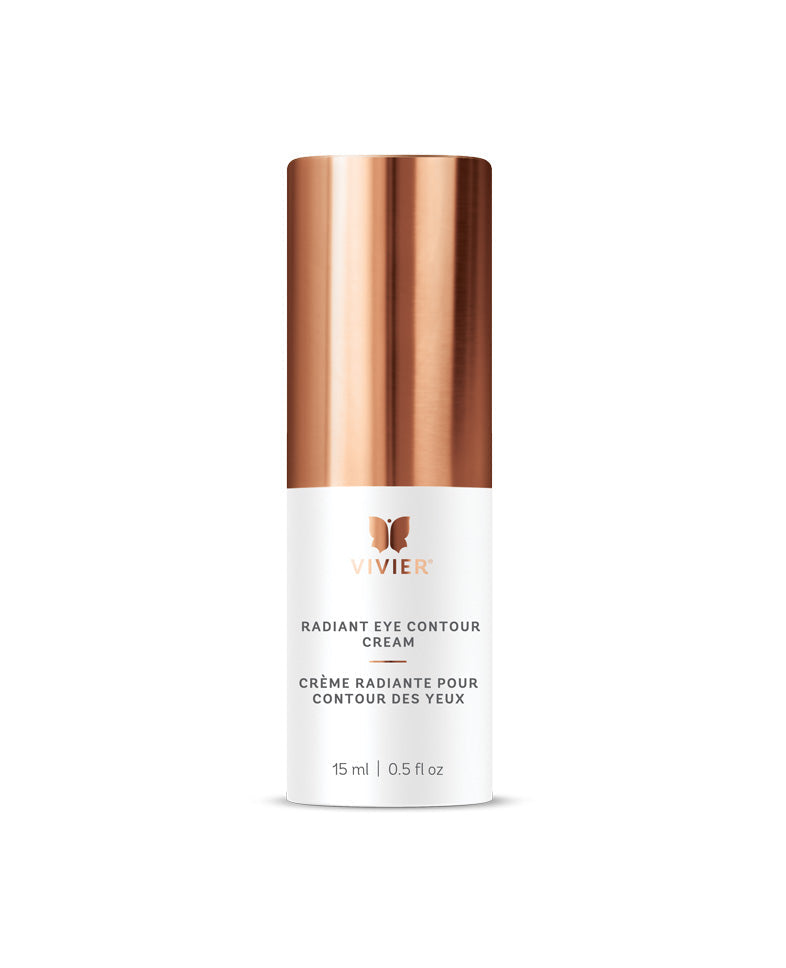 Vivier Radiant Eye Contour Cream in a 15 ml pump bottle for hydrating and soothing the delicate eye area.