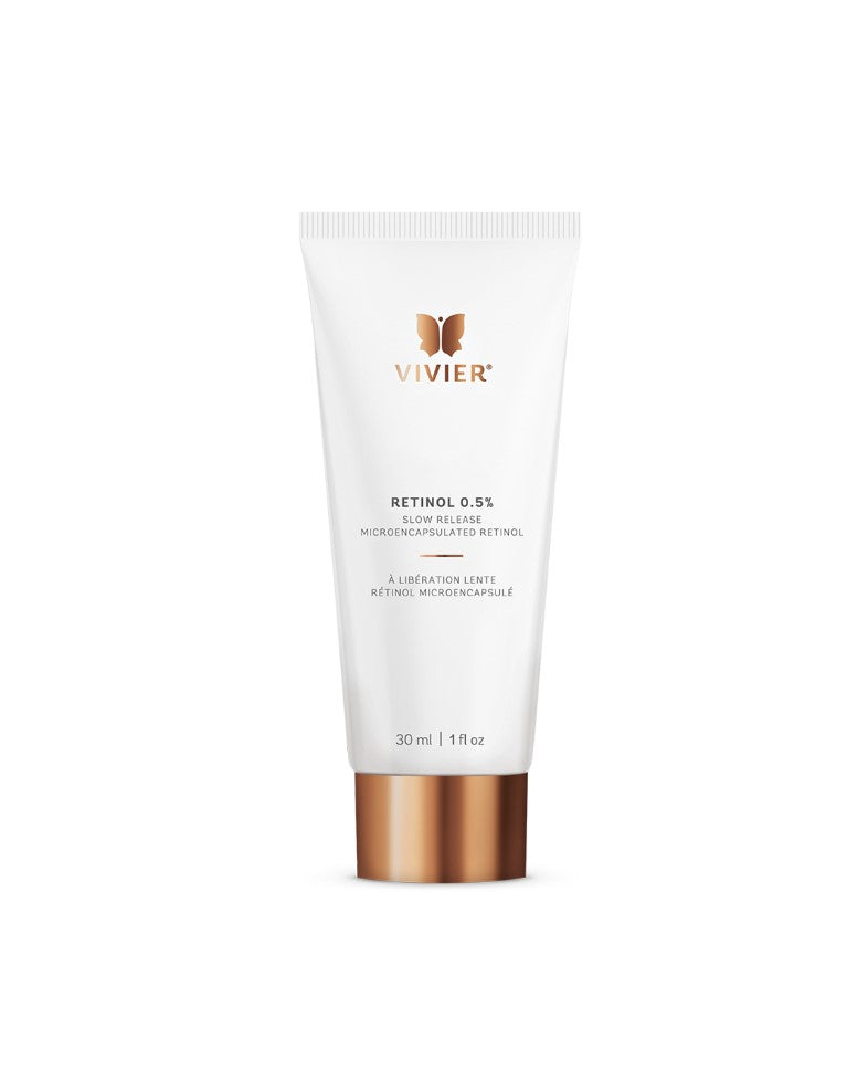 Vivier Retinol 0.5% cream in a 30 ml tube designed for anti-aging and skin texture improvement.