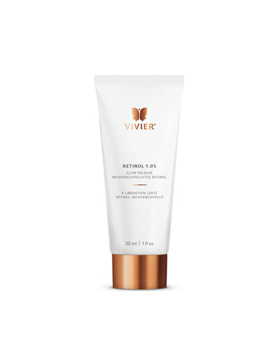 Vivier Retinol 1.0% cream tube, 30 ml, designed to reduce wrinkles and improve skin texture with slow-release technology.