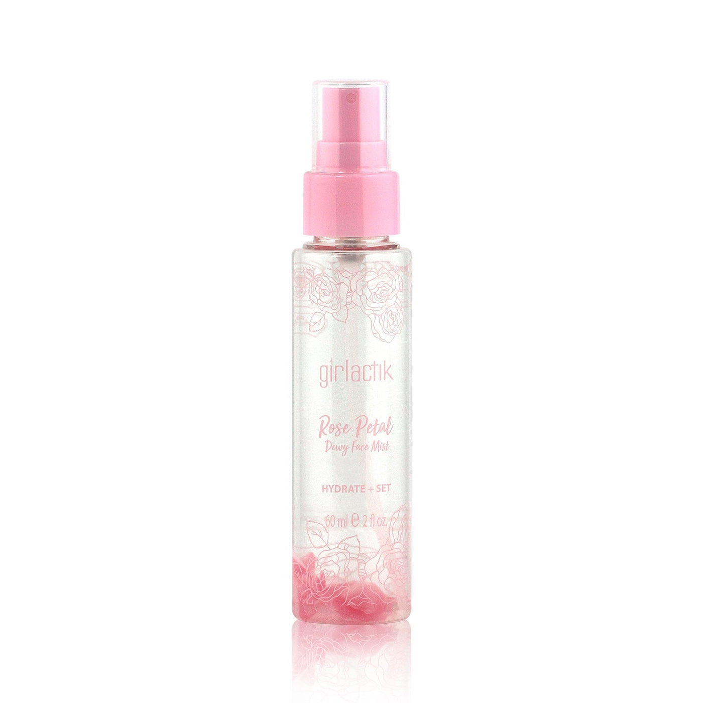 Rose Petal Dewy Face Mist by Girlatik in a clear spray bottle with pink cap, designed for hydration and a dewy finish.