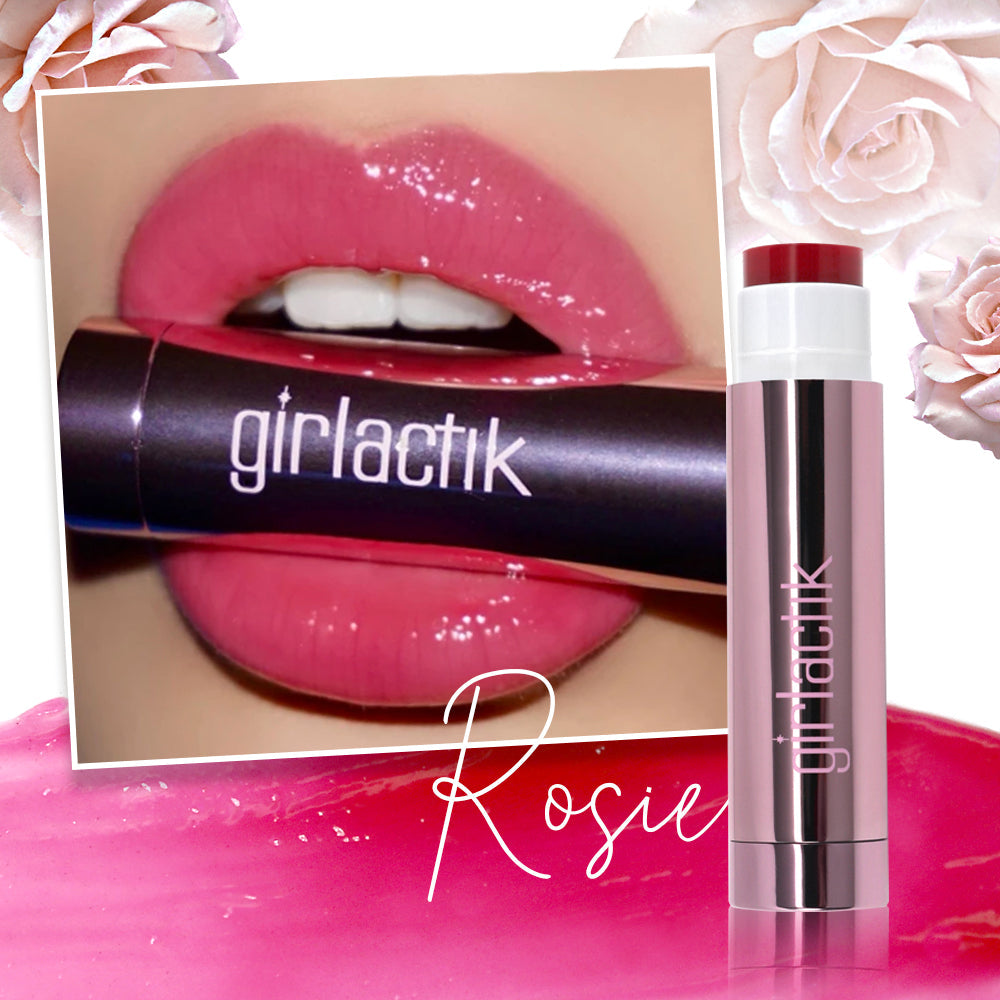 Girlactik Jello Gloss Balm in Rosie, showcasing glossy pink lips and the product packaging against a floral background.