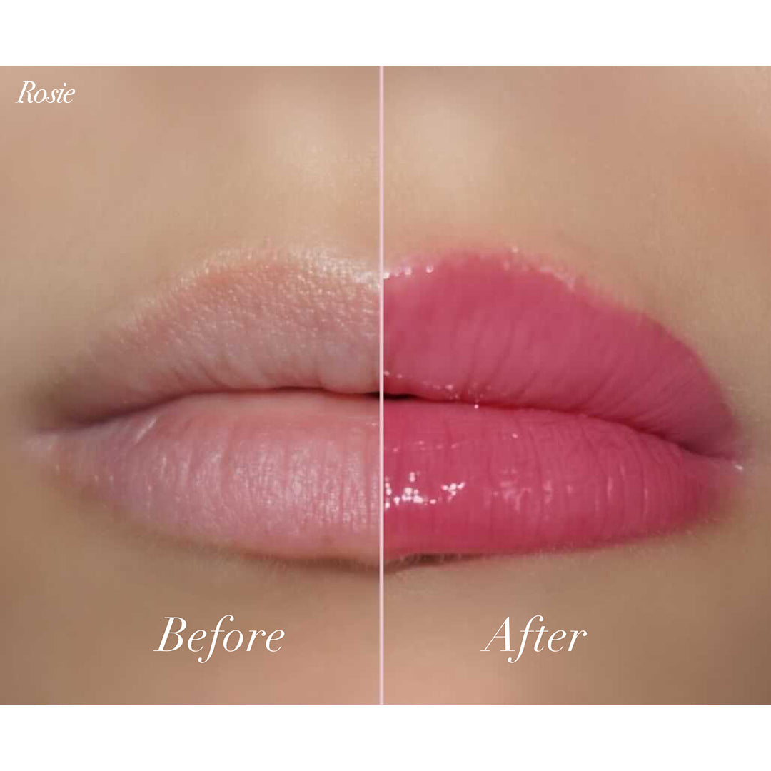 Before and after application of Jello Gloss Balm showcasing enhanced, glossy pink lips.